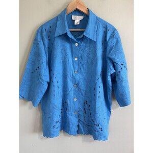 Susan Graver L Blue Linen Blend Embroidered Cutout Shirt 3/4 Sleeve Cottagecore